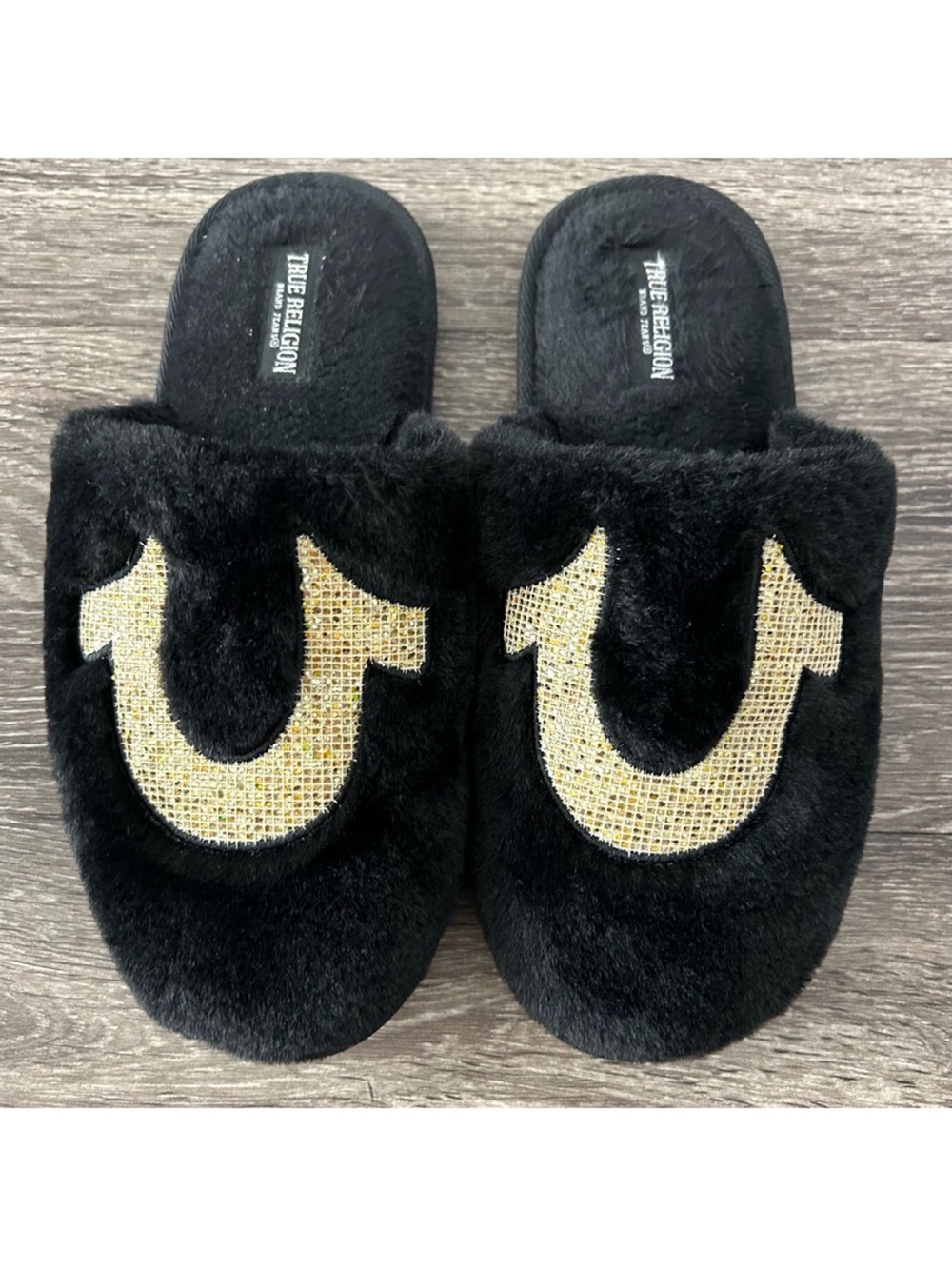 True Religion Black Faux Fur Slides with Gold Horseshoe Logo